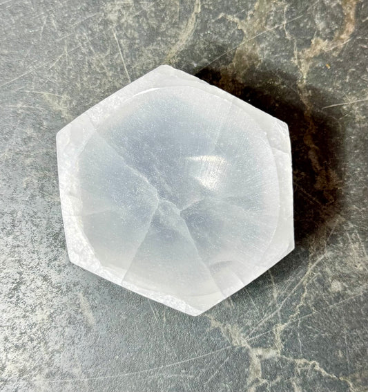 Top view of a white selenite hexagon bowl