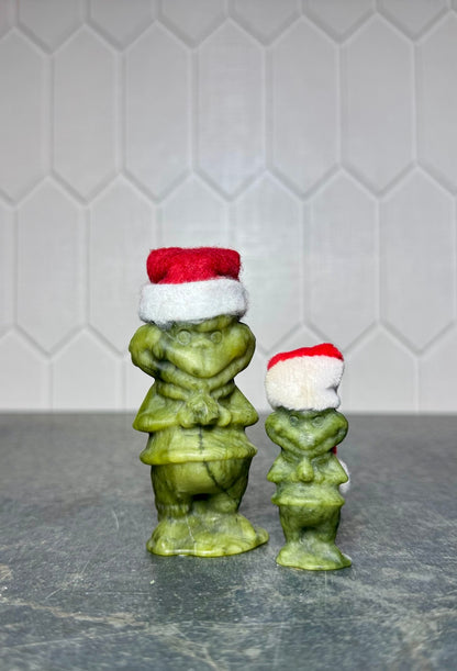 Green jade Grinch carvings in both available sizes, front view